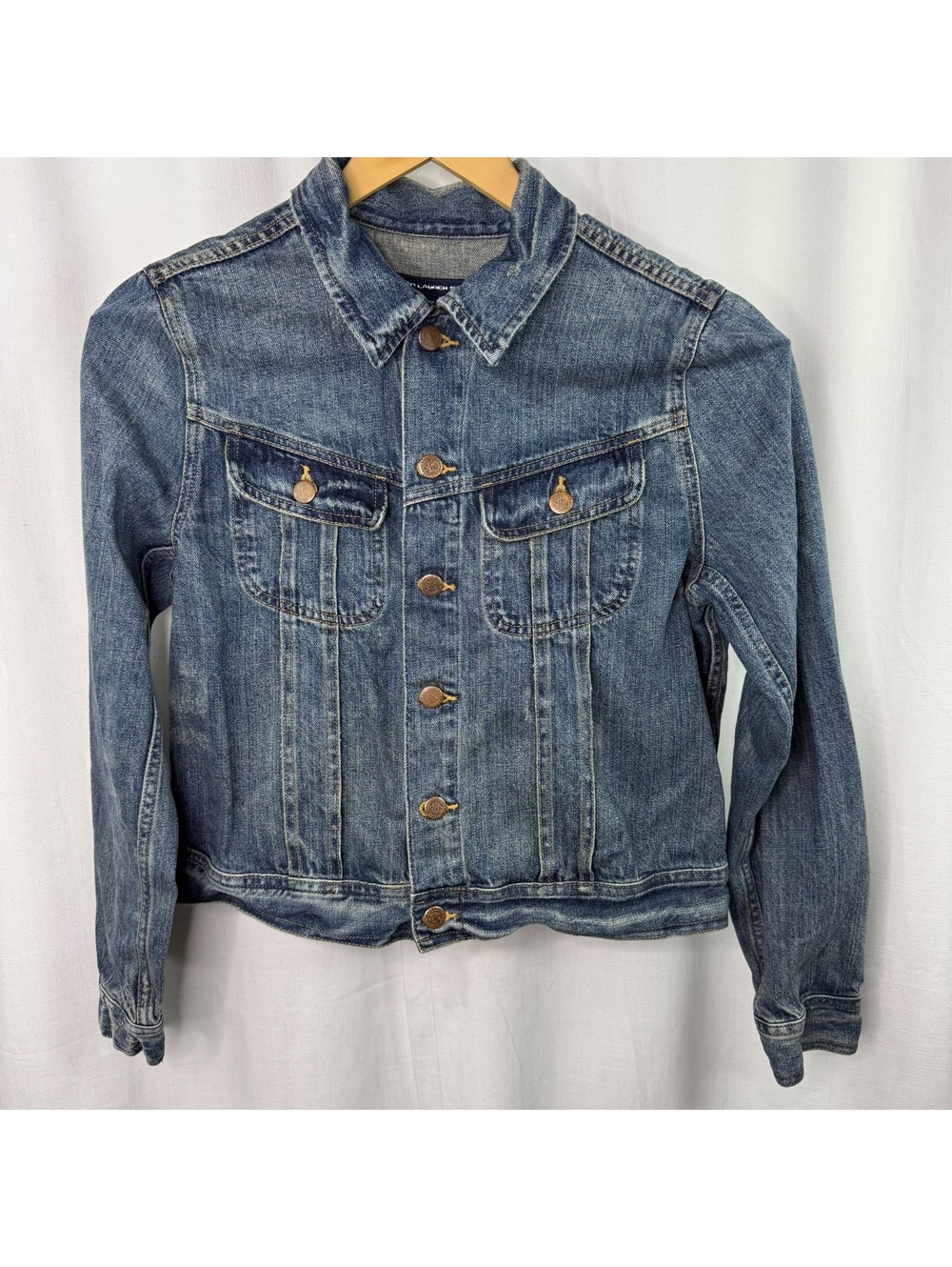Ralph Lauren Sport M Women's Denim Trucker Jacket Blue Distressed Vintage